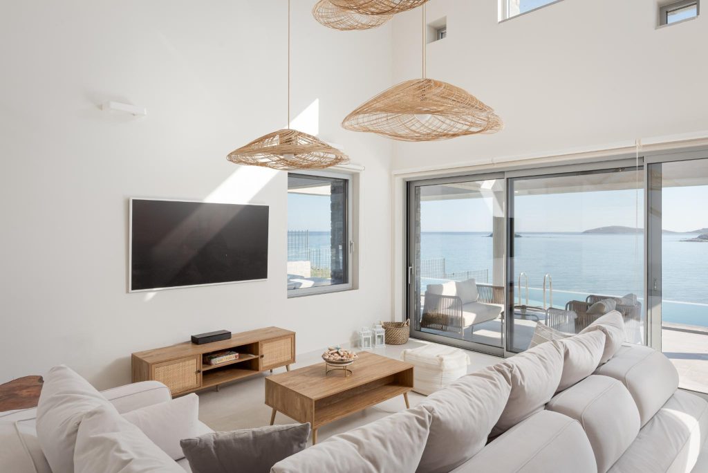 Living Room & Kitchen, Luxurious Seafront Villa Karystos