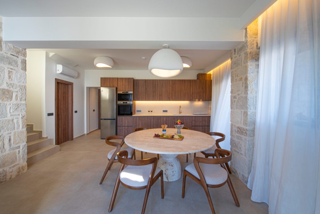 Black Olive Villa One living, dining and kitchen area in Pigi, Rethymno, Crete