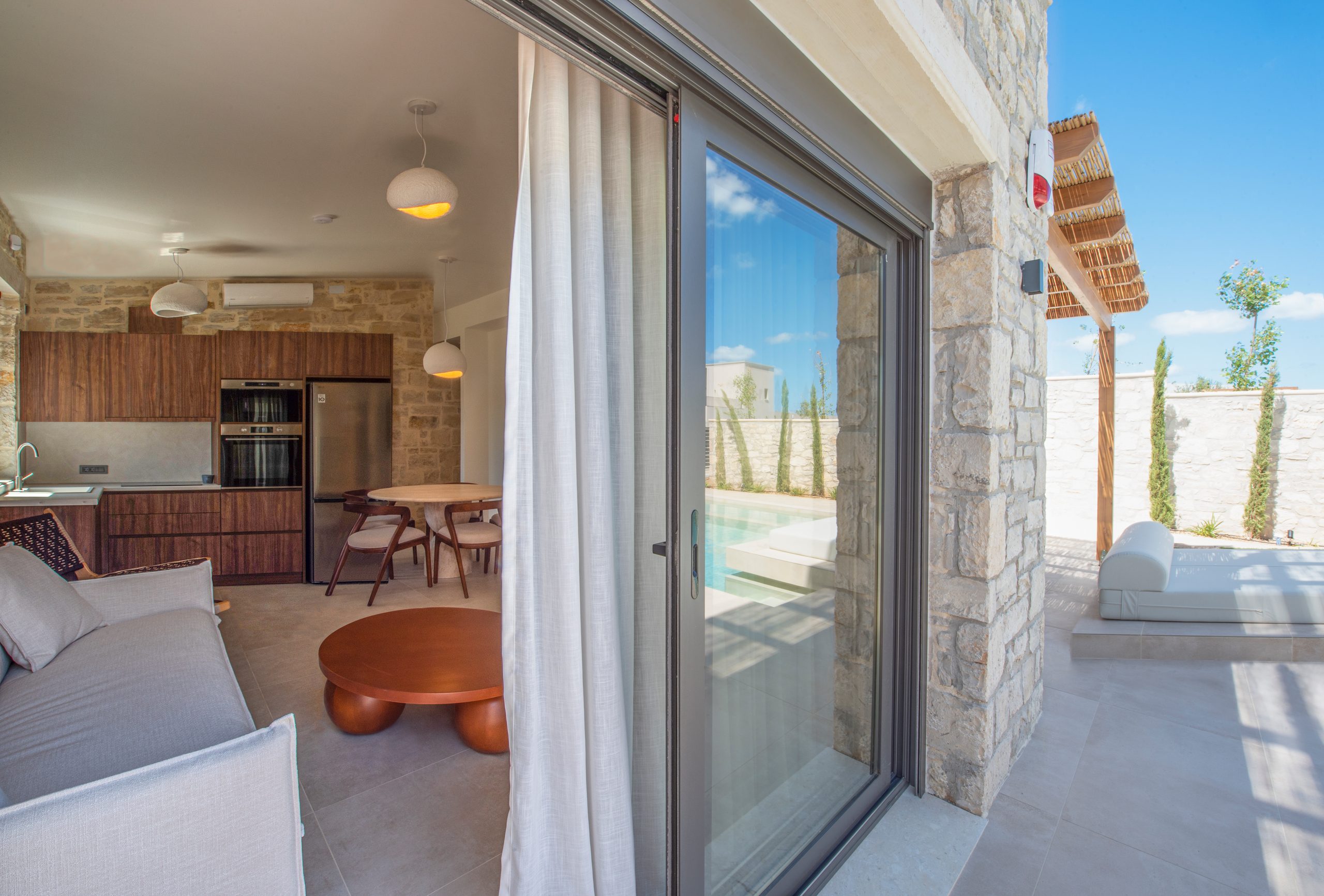 Black Olive Villa Two living, dining and kitchen area in Pigi, Rethymno, Crete