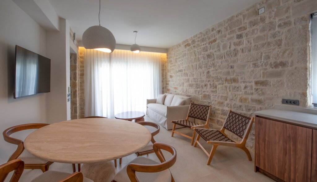 Black Olive Villa Two living, dining and kitchen area in Pigi, Rethymno, Crete